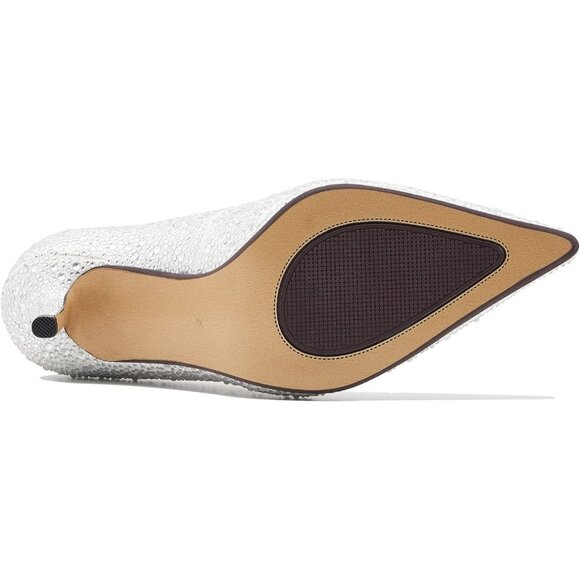 Women's White Rhinestone Slip on Fashion Sparkly Stiletto Heels with Low Heel - Picture 4 of 6